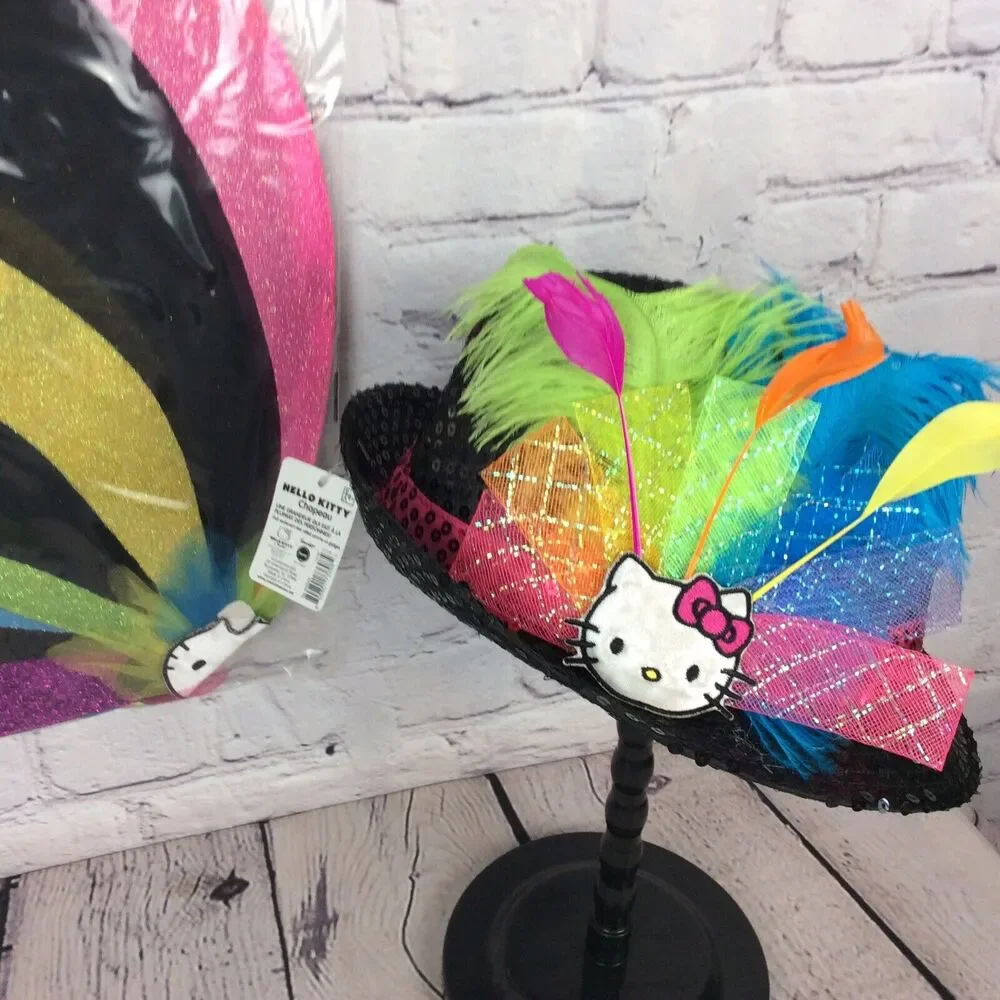 Hello Kitty Childs Black Sequined Fedora & Rainbow Sparkle Wings Cosplay Costume